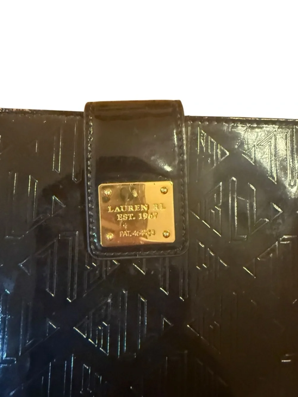 Ralph Lauren Black Patent Tablet Sleeve with Gold Plate Accent